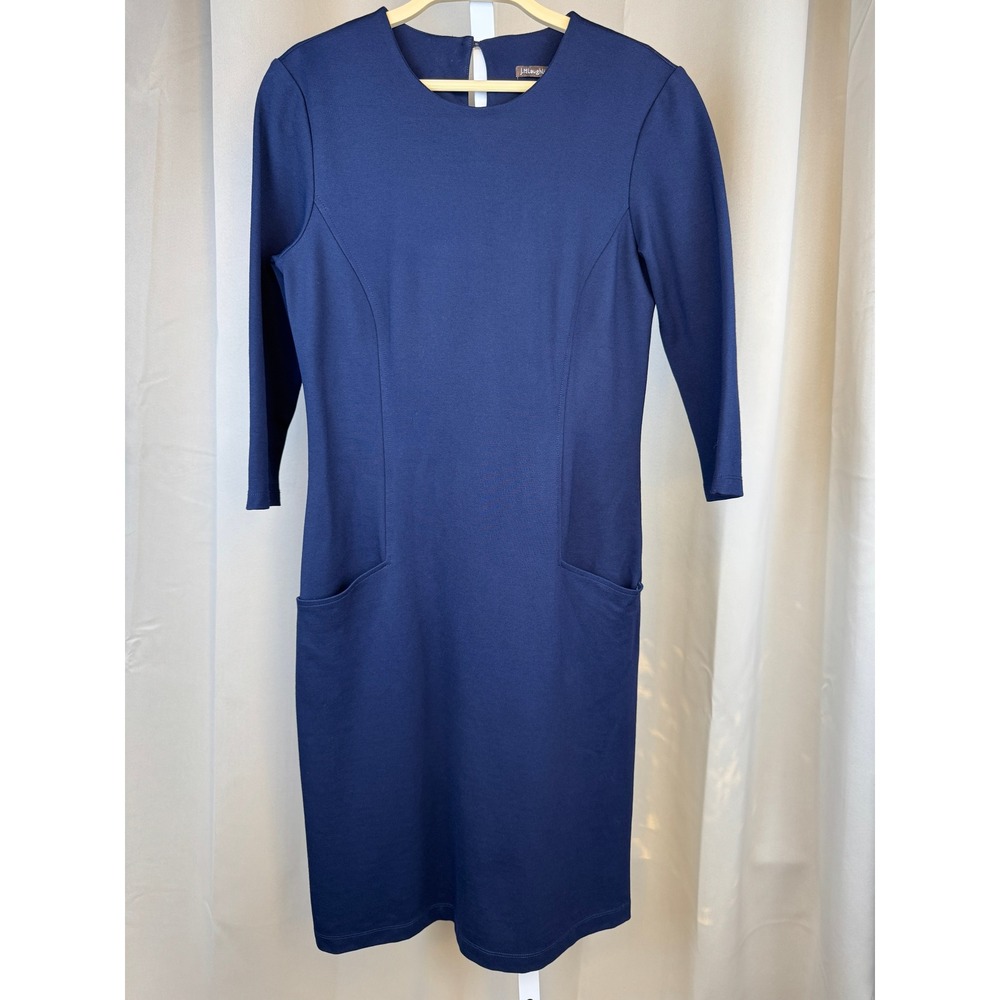 J.McLaughlin Navy Blue Sheath Dress XS Stretch Pockets 3/4‎ Sleeve